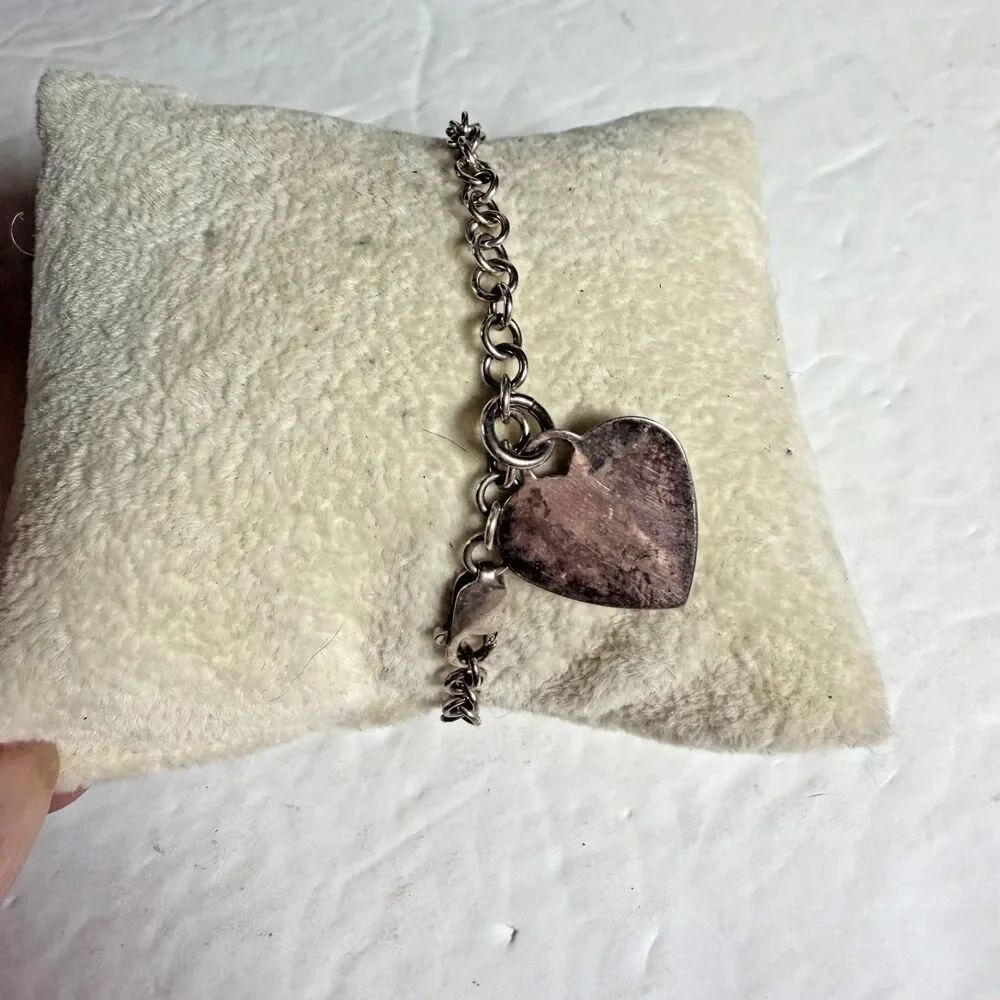 Sterling Silver 925 Heart Charm Bracelet 7.5" 6g Rolo Link Chain